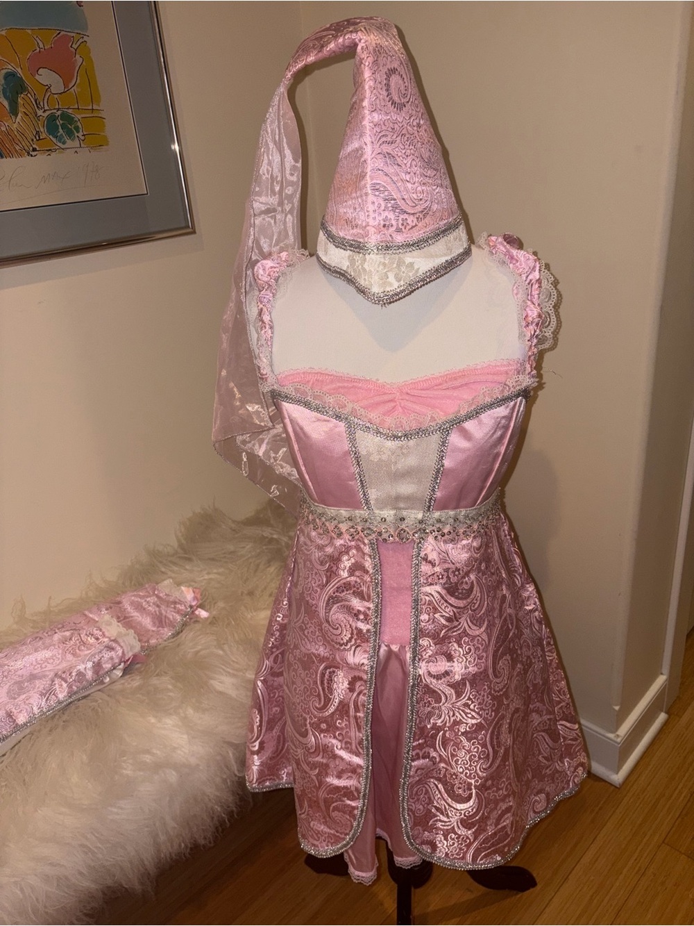 Renaissance Pink Fairy Princess Medieval 5 Piece Costume with Pointed Hat & Arms